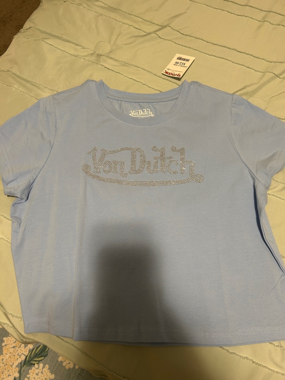 Von Dutch Light Blue Rhinestone Logo Tee